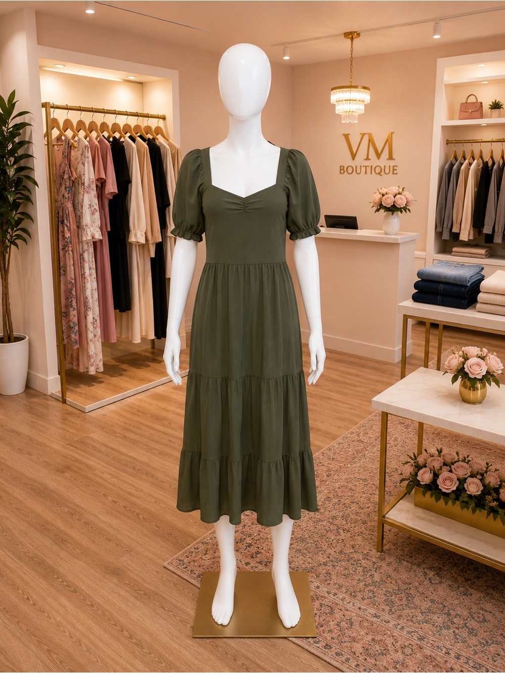 NWOT Market & Spruce Olive Puff-Sleeve Tiered Midi Dress
